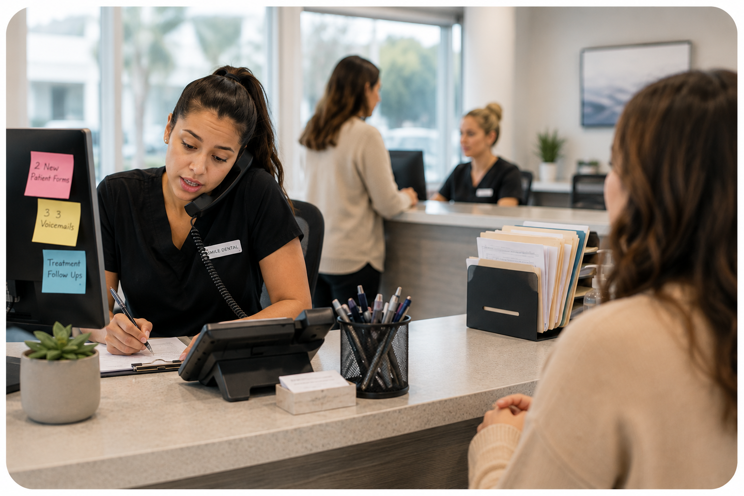 A busy dental front desk helping an in-office patient while managing phone calls