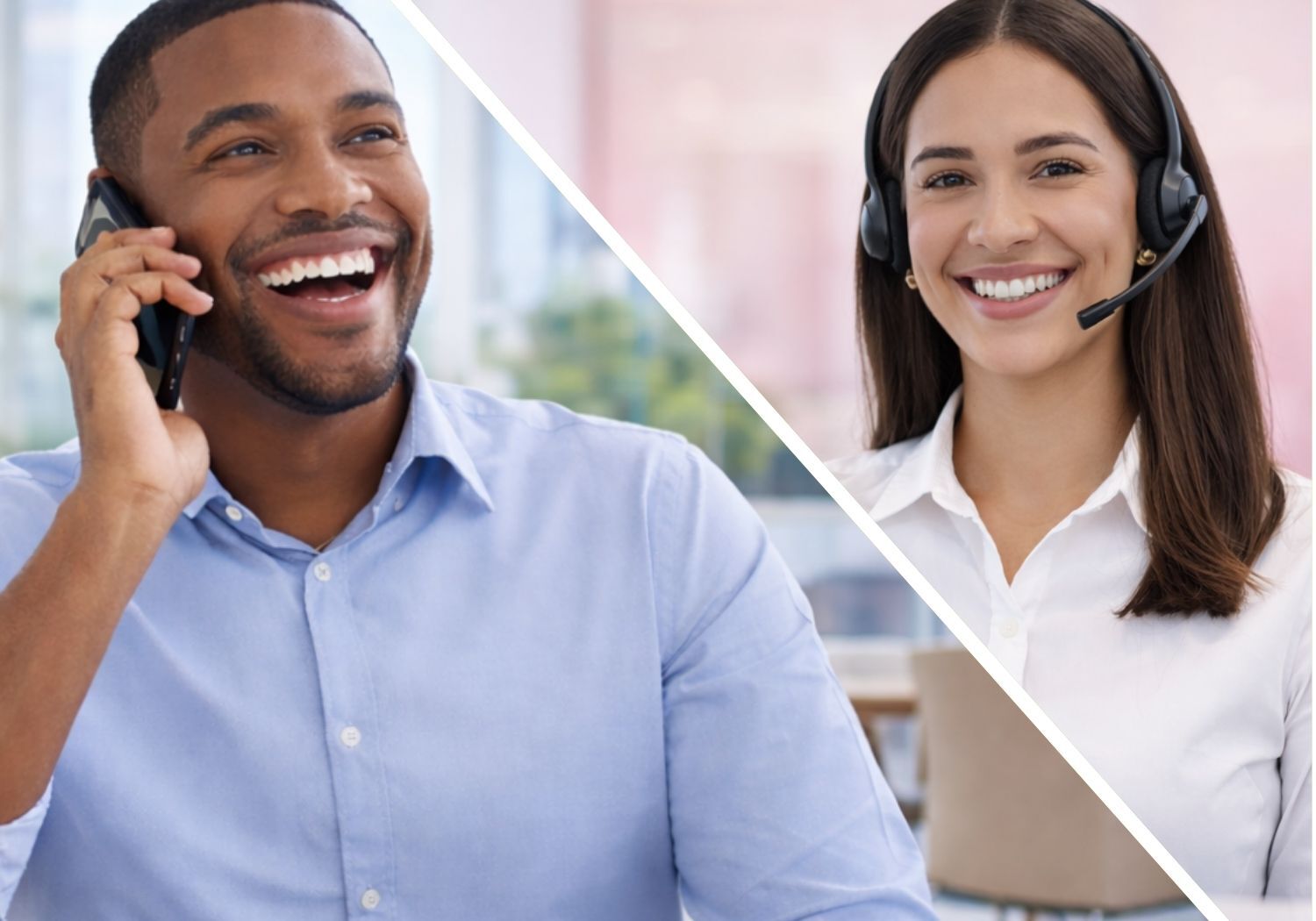 Customer speaking on phone with a live US based call answering agent providing real time support for small businesses