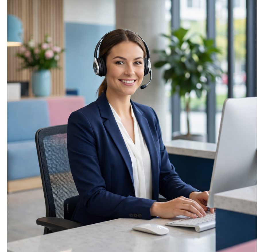 Professional US-based virtual receptionist providing live answering services and appointment scheduling for small businesses, next to an FAQ section detailing SmileSuite's pricing and lead follow-up features."